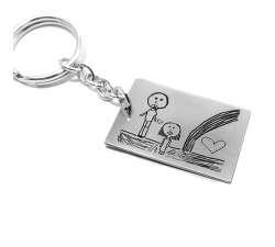 Nickel silver plate keychain with engraved drawing, stainless steel keyring